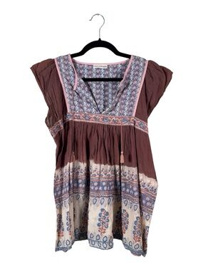 Ulla Johnson Mauve Brown and Blue Printed Cotton Peasant Blouse